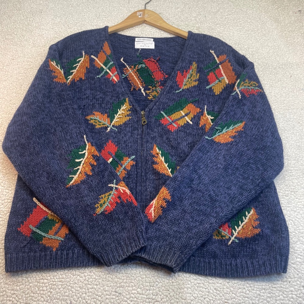 Christopher & Banks Cardigan Womens L Blue Leaf Embroidered Zip Up Sweater Knit - Picture 2 of 7